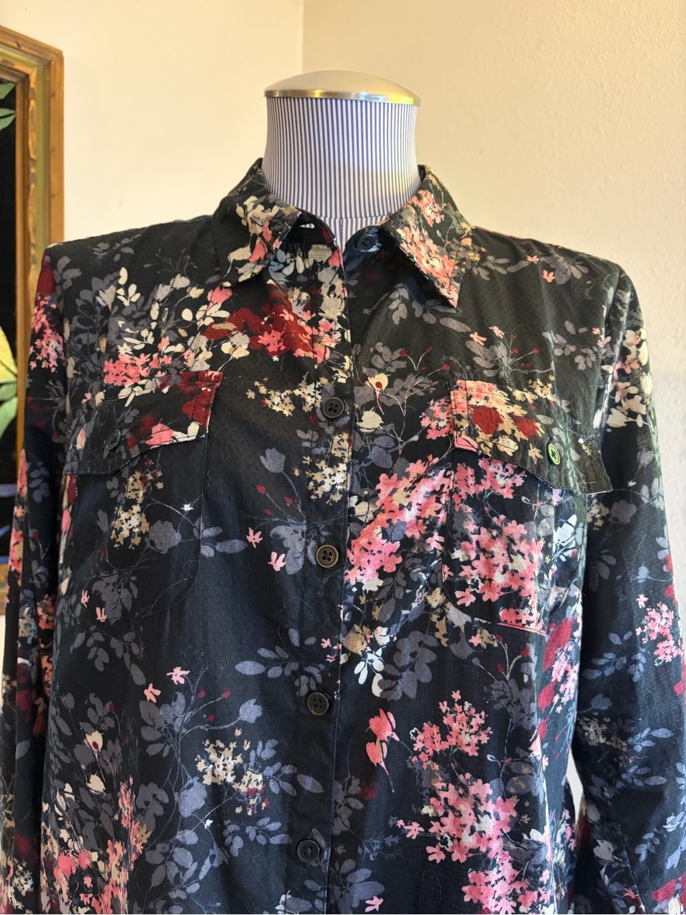 croft & barrow Black Floral Blouse with Pink and Cream Accents
